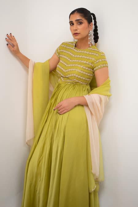 EASE_Green Crepe, Viscose Cutdana Poth Leaf Line Yoke Anarkali With Dupatta _at_Aza_Fashions