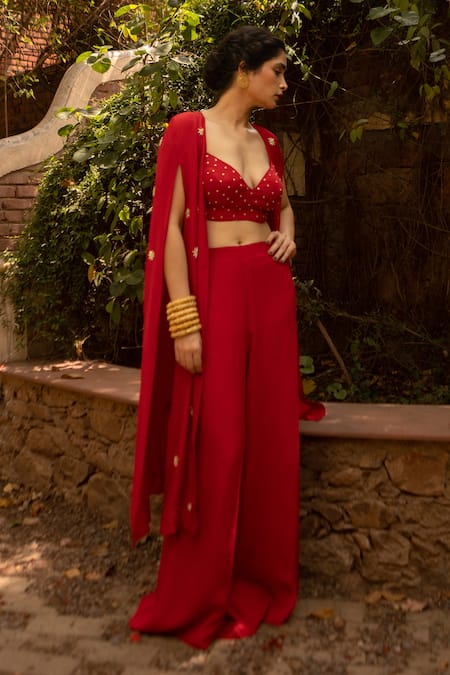 EASE Red Crepe Cut Work, Embroidery V-neck, Open Floral Butti Jacket Palazzo Set Online at Aza Fashions EASE_Red Crepe Cut Work, Embroidery V-neck, Open Floral Butti Jacket Palazzo Set _Online_at_Aza_Fashions