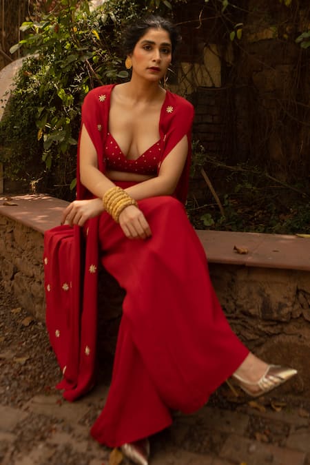 Buy EASE Red Crepe Cut Work, Embroidery V-neck, Open Floral Butti Jacket Palazzo Set Online at Aza Fashions Buy_EASE_Red Crepe Cut Work, Embroidery V-neck, Open Floral Butti Jacket Palazzo Set _Online_at_Aza_Fashions