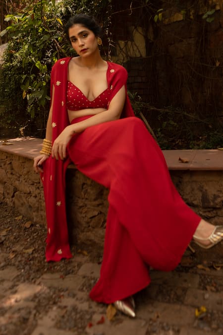 Shop EASE Red Crepe Cut Work, Embroidery V-neck, Open Floral Butti Jacket Palazzo Set Online at Aza Fashions Shop_EASE_Red Crepe Cut Work, Embroidery V-neck, Open Floral Butti Jacket Palazzo Set _Online_at_Aza_Fashions