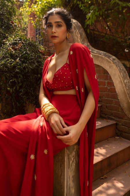 EASE Red Crepe Cut Work, Embroidery V-neck, Open Floral Butti Jacket Palazzo Set at Aza Fashions EASE_Red Crepe Cut Work, Embroidery V-neck, Open Floral Butti Jacket Palazzo Set _at_Aza_Fashions