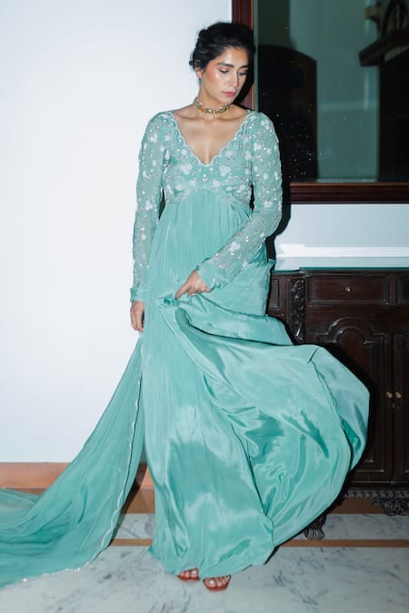 Buy EASE Green Crepe, Viscose, Organza Cut Work, Nakshi Jaal Yoke Anarkali With Dupatta Online at Aza Fashions Buy_EASE_Green Crepe, Viscose, Organza Cut Work, Nakshi Jaal Yoke Anarkali With Dupatta _Online_at_Aza_Fashions