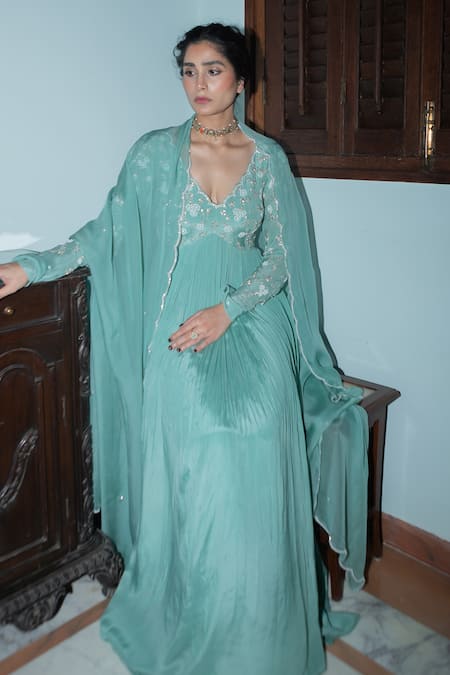 Shop EASE Green Crepe, Viscose, Organza Cut Work, Nakshi Jaal Yoke Anarkali With Dupatta Online at Aza Fashions Shop_EASE_Green Crepe, Viscose, Organza Cut Work, Nakshi Jaal Yoke Anarkali With Dupatta _Online_at_Aza_Fashions