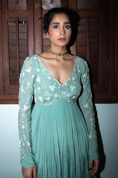 EASE Green Crepe, Viscose, Organza Cut Work, Nakshi Jaal Yoke Anarkali With Dupatta at Aza Fashions EASE_Green Crepe, Viscose, Organza Cut Work, Nakshi Jaal Yoke Anarkali With Dupatta _at_Aza_Fashions