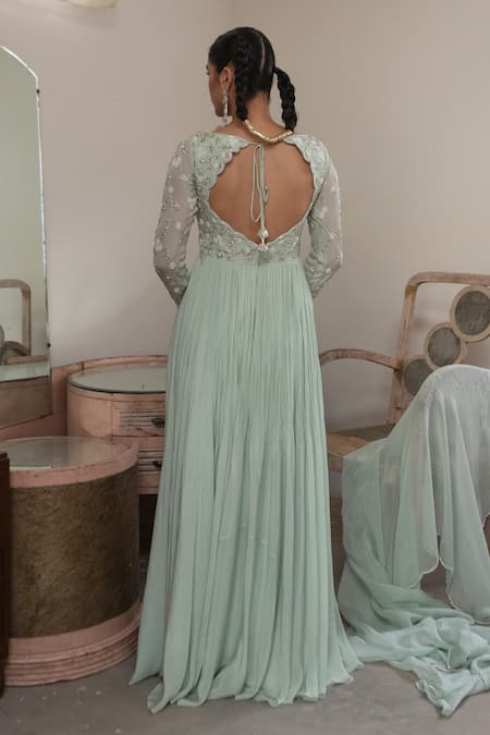 Shop EASE Green Crepe, Viscose Embroidery V-neck Floral Yoke Anarkali With Dupatta at Aza Fashions Shop_EASE_Green Crepe, Viscose Embroidery V-neck Floral Yoke Anarkali With Dupatta _at_Aza_Fashions