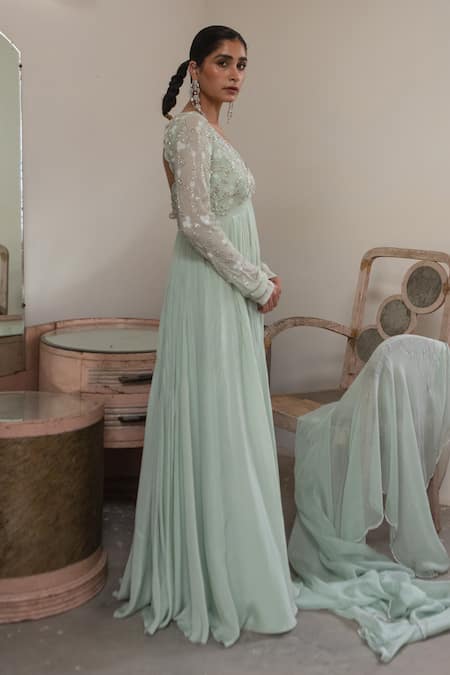 EASE Green Crepe, Viscose Embroidery V-neck Floral Yoke Anarkali With Dupatta Online at Aza Fashions EASE_Green Crepe, Viscose Embroidery V-neck Floral Yoke Anarkali With Dupatta _Online_at_Aza_Fashions