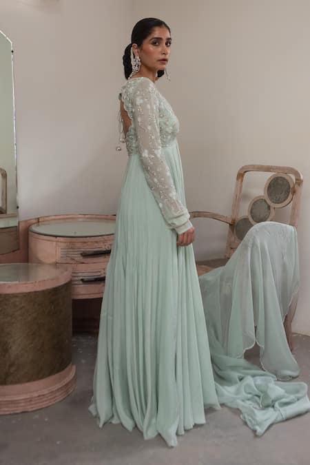 Buy EASE Green Crepe, Viscose Embroidery V-neck Floral Yoke Anarkali With Dupatta Online at Aza Fashions Buy_EASE_Green Crepe, Viscose Embroidery V-neck Floral Yoke Anarkali With Dupatta _Online_at_Aza_Fashions