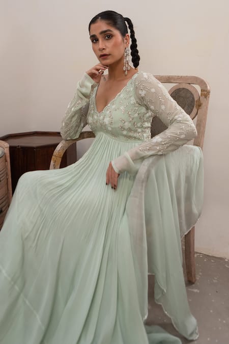 Shop EASE Green Crepe, Viscose Embroidery V-neck Floral Yoke Anarkali With Dupatta Online at Aza Fashions Shop_EASE_Green Crepe, Viscose Embroidery V-neck Floral Yoke Anarkali With Dupatta _Online_at_Aza_Fashions