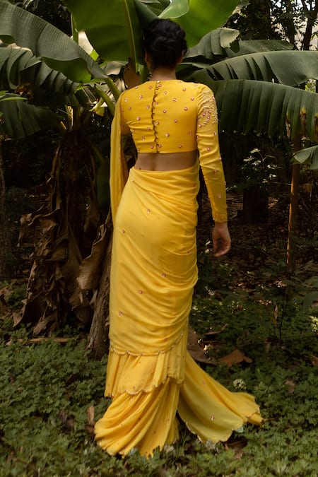 Shop EASE Yellow Crepe Embroidery, Cut Work Round Pre-draped Gharara Saree With Blouse at Aza Fashions Shop_EASE_Yellow Crepe Embroidery, Cut Work Round Pre-draped Gharara Saree With Blouse _at_Aza_Fashions