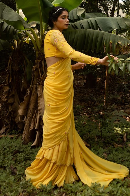 EASE Yellow Crepe Embroidery, Cut Work Round Pre-draped Gharara Saree With Blouse Online at Aza Fashions EASE_Yellow Crepe Embroidery, Cut Work Round Pre-draped Gharara Saree With Blouse _Online_at_Aza_Fashions