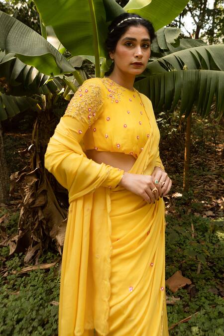 Shop EASE Yellow Crepe Embroidery, Cut Work Round Pre-draped Gharara Saree With Blouse Online at Aza Fashions Shop_EASE_Yellow Crepe Embroidery, Cut Work Round Pre-draped Gharara Saree With Blouse _Online_at_Aza_Fashions