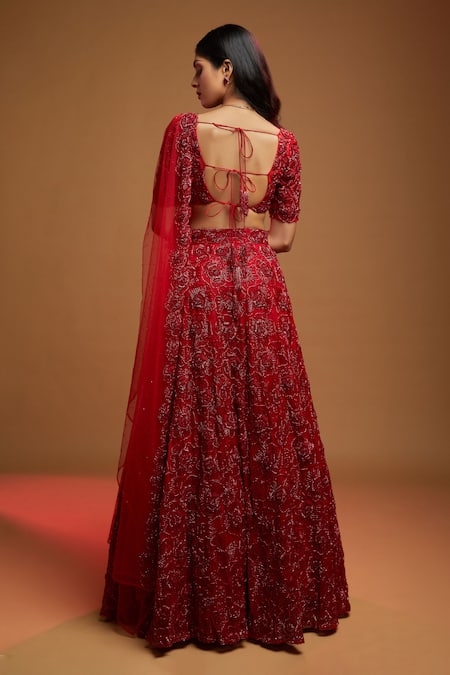Shop_Kiyohra_Red Organza, Net Beads, Cut Work, Embroidery Kresta Dana Bridal Lehenga Set _at_Aza_Fashions