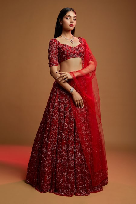 Kiyohra_Red Organza, Net Beads, Cut Work, Embroidery Kresta Dana Bridal Lehenga Set _Online_at_Aza_Fashions