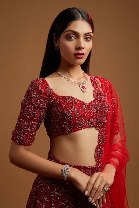 Buy_Kiyohra_Red Organza, Net Beads, Cut Work, Embroidery Kresta Dana Bridal Lehenga Set _Online_at_Aza_Fashions