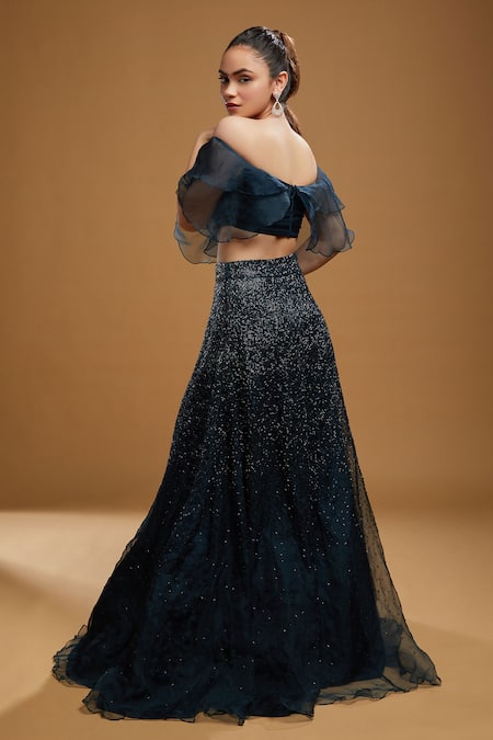 Shop_Kiyohra_Blue Organza Embroidery Off-shoulder Dover Lehenga And Blouse Set _at_Aza_Fashions