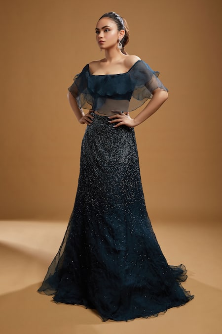 Kiyohra_Blue Organza Embroidery Off-shoulder Dover Lehenga And Blouse Set _Online_at_Aza_Fashions