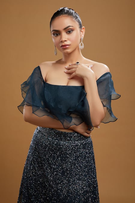 Buy_Kiyohra_Blue Organza Embroidery Off-shoulder Dover Lehenga And Blouse Set _Online_at_Aza_Fashions