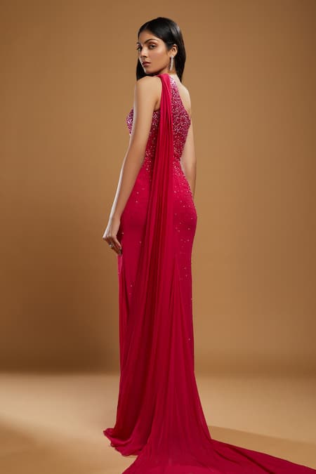 Shop_Kiyohra_Pink Georgette Embroidery One Shoulder Blanche Gown _at_Aza_Fashions