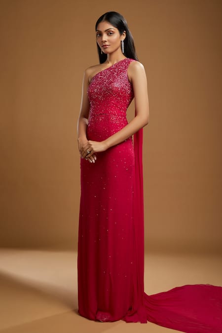 Kiyohra_Pink Georgette Embroidery One Shoulder Blanche Gown _Online_at_Aza_Fashions