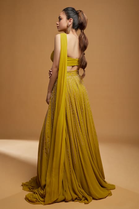 Shop_Kiyohra_Yellow Georgette Sequins, Cut Work One Embroidered Lehenga And Draped Blouse Set _at_Aza_Fashions