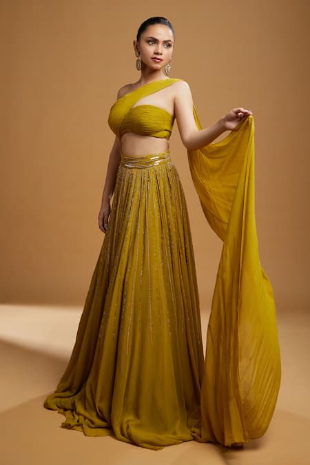 Kiyohra_Yellow Georgette Sequins, Cut Work One Embroidered Lehenga And Draped Blouse Set _Online_at_Aza_Fashions
