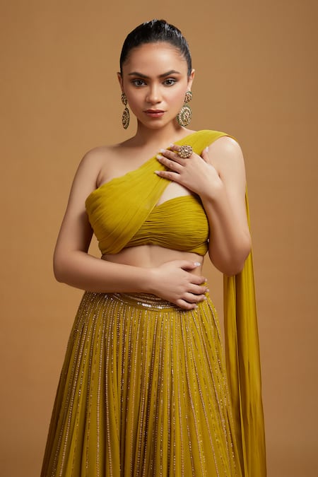 Buy_Kiyohra_Yellow Georgette Sequins, Cut Work One Embroidered Lehenga And Draped Blouse Set _Online_at_Aza_Fashions