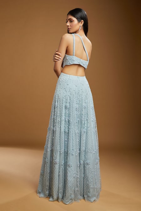Shop_Kiyohra_Blue Net Embroidered Cut Dana One Shoulder Alexia Floral Gown _at_Aza_Fashions