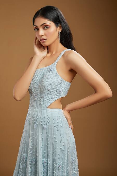 Buy_Kiyohra_Blue Net Embroidered Cut Dana One Shoulder Alexia Floral Gown _Online_at_Aza_Fashions