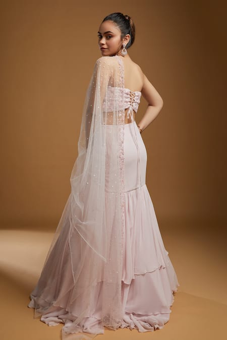 Shop Kiyohra Pink Net, Georgette Sequins, Cut Work Sweetheart Fish Embroidered Lehenga Set at Aza Fashions Shop_Kiyohra_Pink Net, Georgette Sequins, Cut Work Sweetheart Fish Embroidered Lehenga Set _at_Aza_Fashions