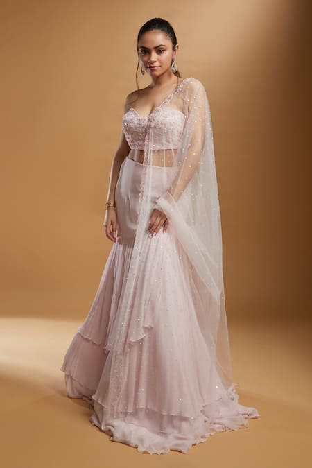 Kiyohra Pink Net, Georgette Sequins, Cut Work Sweetheart Fish Embroidered Lehenga Set Online at Aza Fashions Kiyohra_Pink Net, Georgette Sequins, Cut Work Sweetheart Fish Embroidered Lehenga Set _Online_at_Aza_Fashions