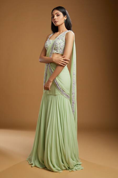 Kiyohra_Green Georgette Sequins, Cut Work Square Cetra Fish Lehenga Saree And Blouse Set _Online_at_Aza_Fashions