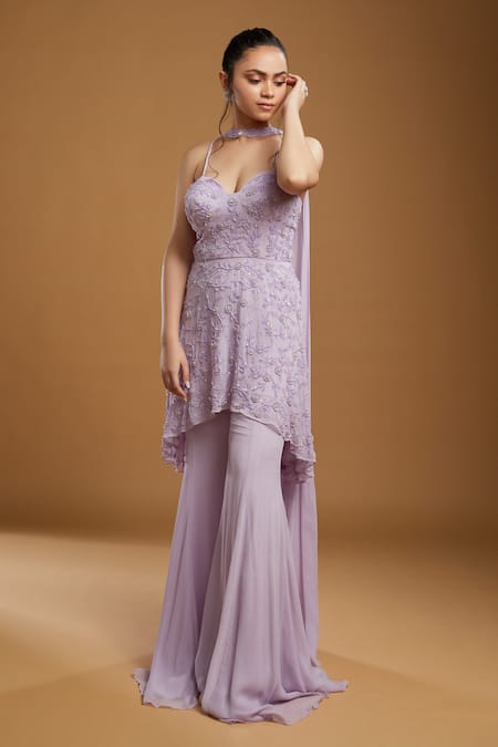 Kiyohra_Purple Georgette Embellished Sequin And Cut Dana Work Josie Peplum Top Pant Set _Online_at_Aza_Fashions