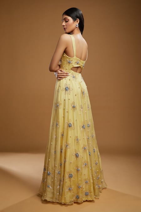 Shop_Kiyohra_Yellow Organza Sequins, Stones Square Neck Valentyna Floral Embroidered Gown _at_Aza_Fashions