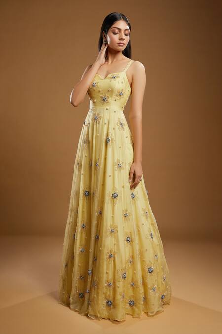 Kiyohra_Yellow Organza Sequins, Stones Square Neck Valentyna Floral Embroidered Gown _Online_at_Aza_Fashions