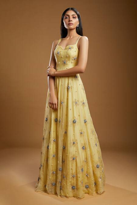 Buy_Kiyohra_Yellow Organza Sequins, Stones Square Neck Valentyna Floral Embroidered Gown _Online_at_Aza_Fashions