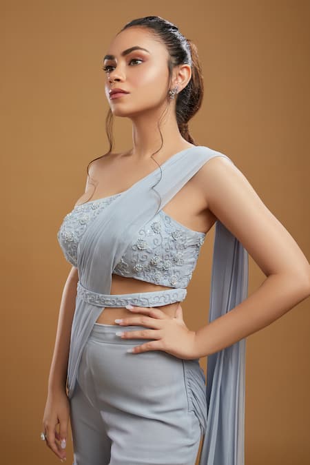 Buy_Kiyohra_Blue Georgette Sequins, Embroidery, Mae Sharara Saree With Embellished Blouse _Online_at_Aza_Fashions