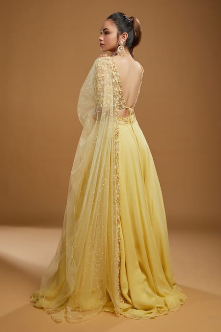 Shop_Kiyohra_Yellow Georgette, Net Embroidery, Sequins Freya Flared Lehenga Blouse Set _at_Aza_Fashions