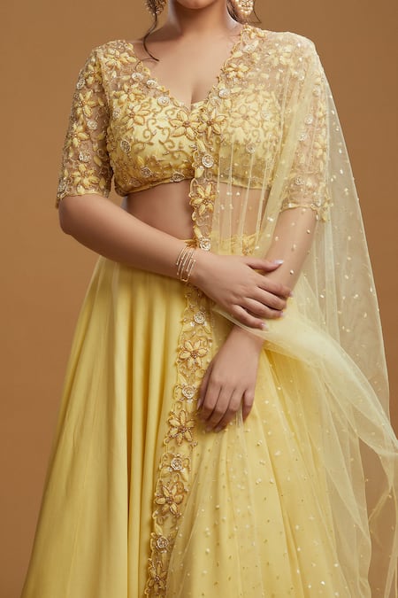 Kiyohra_Yellow Georgette, Net Embroidery, Sequins Freya Flared Lehenga Blouse Set _Online_at_Aza_Fashions