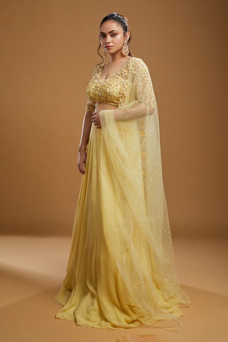 Buy_Kiyohra_Yellow Georgette, Net Embroidery, Sequins Freya Flared Lehenga Blouse Set _Online_at_Aza_Fashions