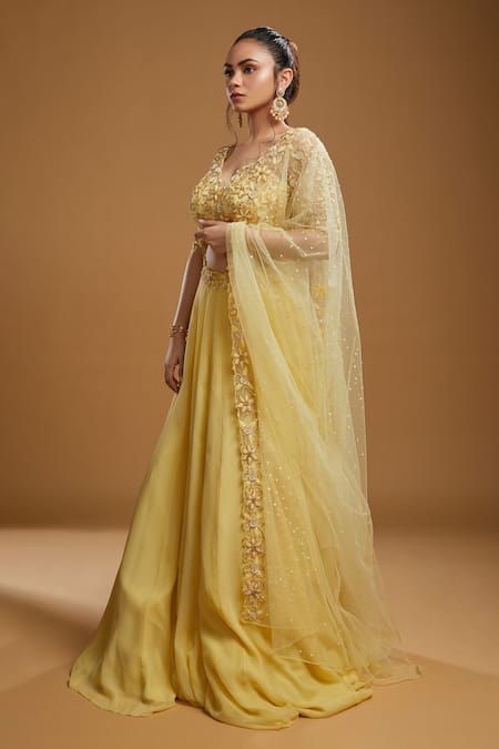 Shop_Kiyohra_Yellow Georgette, Net Embroidery, Sequins Freya Flared Lehenga Blouse Set _Online_at_Aza_Fashions