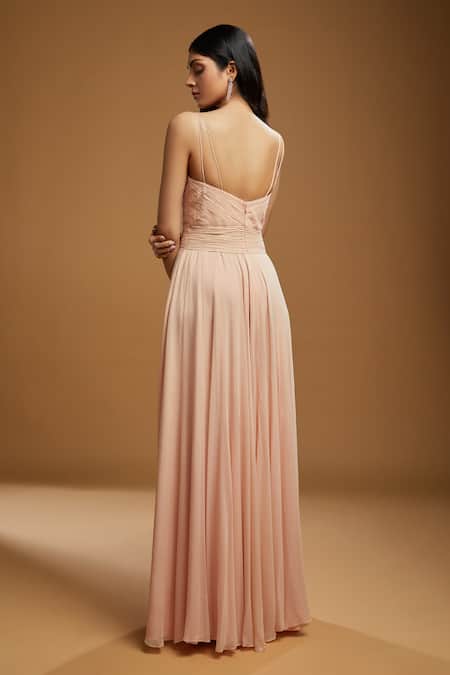 Shop_Kiyohra_Peach Georgette Hand Embroidered Seed Beads Sweetheart Neck Gown _at_Aza_Fashions