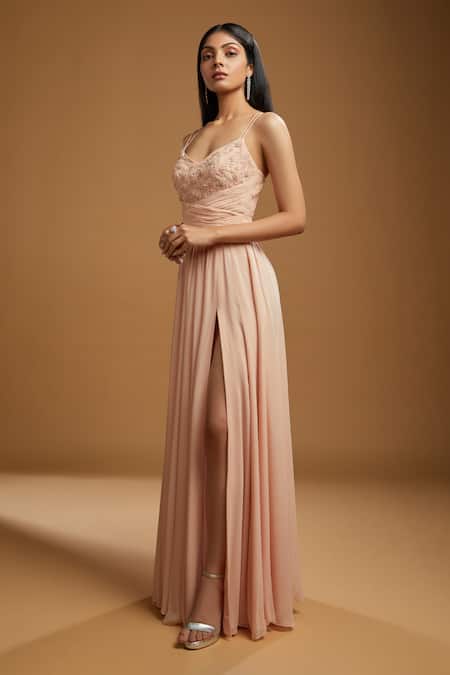 Kiyohra_Peach Georgette Hand Embroidered Seed Beads Sweetheart Neck Gown _Online_at_Aza_Fashions