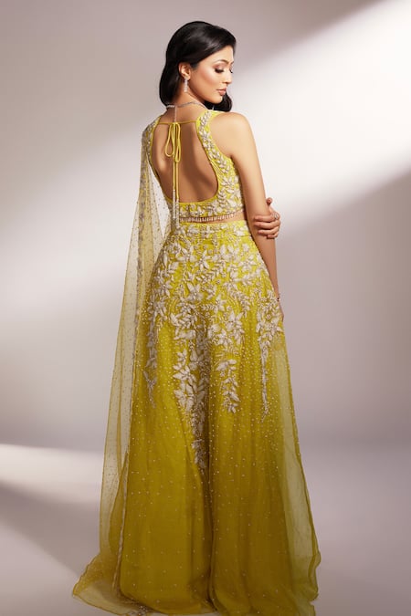 Shop_Kiyohra_Yellow Net Beads, Applique, Pearls, Cut Iris Floral Embroidered Lehenga Set _at_Aza_Fashions