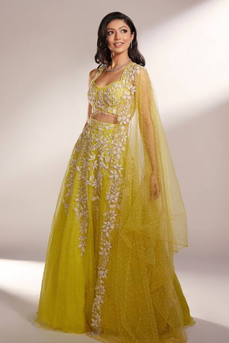 Kiyohra_Yellow Net Beads, Applique, Pearls, Cut Iris Floral Embroidered Lehenga Set _Online_at_Aza_Fashions