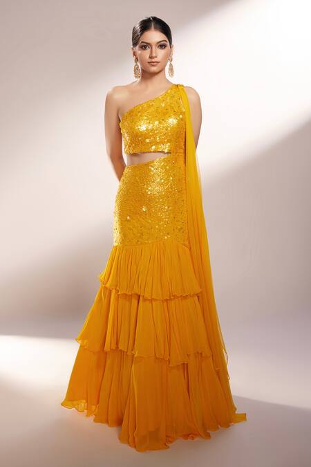 Stunning Olive Fish Cut Party Gown by KALKI