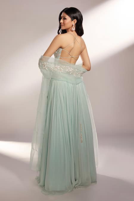 Shop_Kiyohra_Blue Georgette, Organza Embroidery, Aster Pleated Lehenga Embellished Blouse Set _at_Aza_Fashions