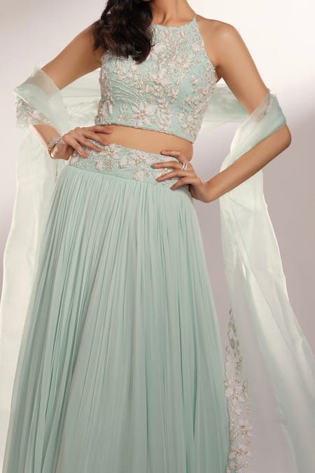 Kiyohra_Blue Georgette, Organza Embroidery, Aster Pleated Lehenga Embellished Blouse Set _Online_at_Aza_Fashions