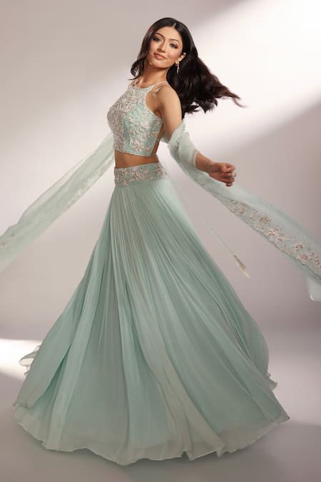 Buy_Kiyohra_Blue Georgette, Organza Embroidery, Aster Pleated Lehenga Embellished Blouse Set _Online_at_Aza_Fashions