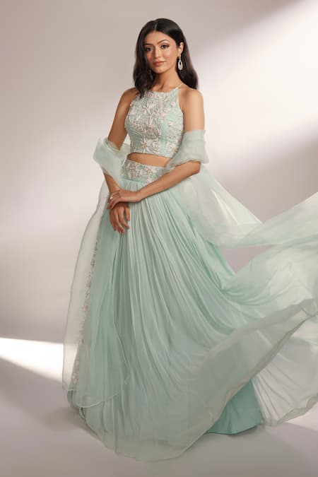 Shop_Kiyohra_Blue Georgette, Organza Embroidery, Aster Pleated Lehenga Embellished Blouse Set _Online_at_Aza_Fashions