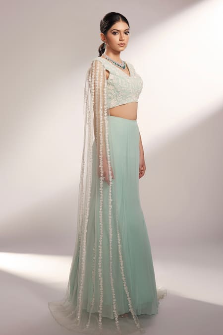 Kiyohra Blue Net, Georgette Embroidery, Cut Work Cielle Fish Lehenga And Blouse Set Online at Aza Fashions Kiyohra_Blue Net, Georgette Embroidery, Cut Work Cielle Fish Lehenga And Blouse Set_Online_at_Aza_Fashions
